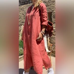 Stylish Coral Button-Down Linen Dress